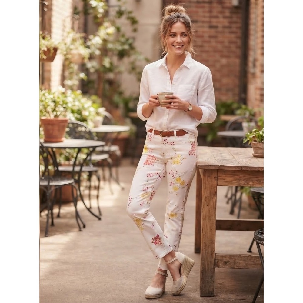 New York & Company 7th Avenue Floral Ankle Pants White Pink Yellow Size 8